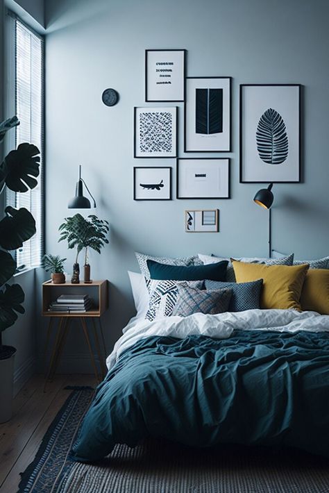 Navy Blue Cream Gray Bedroom, Neutral Master Bedrooms With Pop Of Color, Black White And Light Blue Bedroom, Blue Grey Boho Bedroom, Navy Blue And Neutral Bedroom, Dark Blue And White Bedroom Ideas, Blue Gray And Brown Bedroom, Light Blue And Black Bedroom Ideas, Blue White And Grey Bedroom Room Ideas