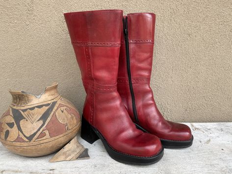 1990s Skechers Red Leather Platform Boots Women size 8 (Fits 7.5), Square Toe Chunky Heel Goth Sketchers Boots Vintage, Square Toe Platform Boots, Red Boots Vintage, Red Chunky Boots, Red Vintage Boots, Cherry Red Boots, Square Boots Outfit, Square Toe Boots Outfit, Sketchers Boots