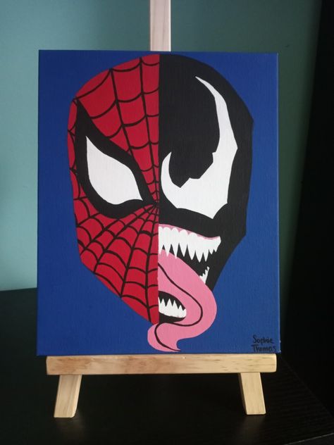 Half Venom Half Spiderman, Spiderman And Venom Painting, Venom Painting Easy, Venom Painting, Spider Man Canvas Painting, Spider Man Painting Easy, Spiderman Painting On Canvas, Marvel Painting Ideas On Canvas, Spider Man Painting