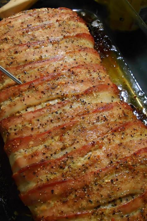 Bacon wrapped oven roasted Pork Loin Baking Pork Loin In Oven, Pork Loin Wrapped In Bacon In Oven, Bacon Wrapped Pork Loin In Oven, Baked Pork Loin Recipes, Pork Loin Wrapped In Bacon, Oven Roasted Pork Loin, Pork Loin Oven, Pork Loin Recipes Oven, Bbq Pork Loin