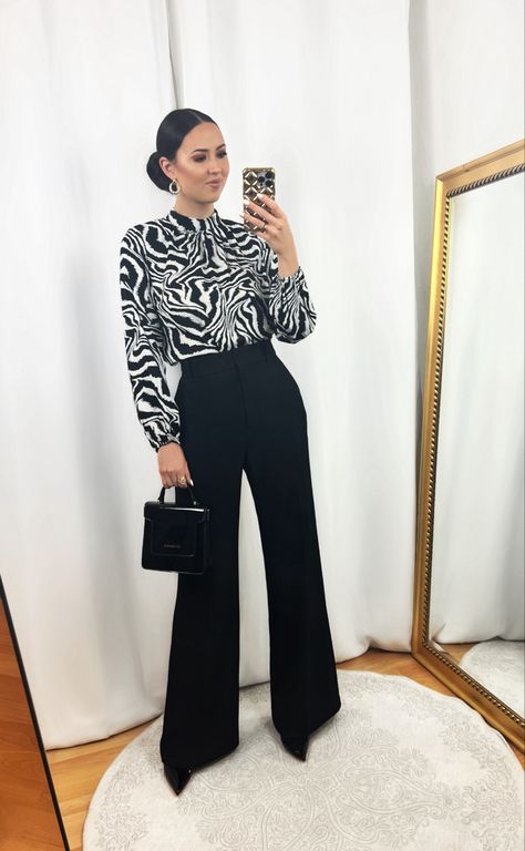 Zebra Blouse Top Outfit with Black Wide Pants Zebra Print Shirt Outfit, Zebra Print Top Outfit, Zebra Top Outfit, Zebra Blouse Outfit, Zebra Shirt Outfit, Black Zebra Print Top For Workwear, Elegant Capsule Wardrobe, Satin Shirt Outfit, Printed Shirt Outfit