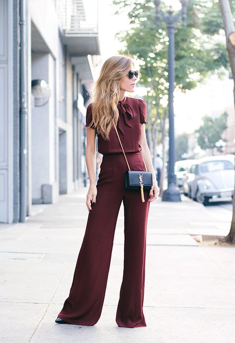 How to Wear a Jumpsuit—45 easy outfits to copy | Oxblood wide leg jumpsuit. Such a cute date night outfit! Maroon Outfit, Burgundy Jumpsuit, Burgundy Outfit, Fest Outfits, Fabric Dye, Jumpsuit Elegant, Jumpsuit Outfit, Red Fabric, Black Blazer