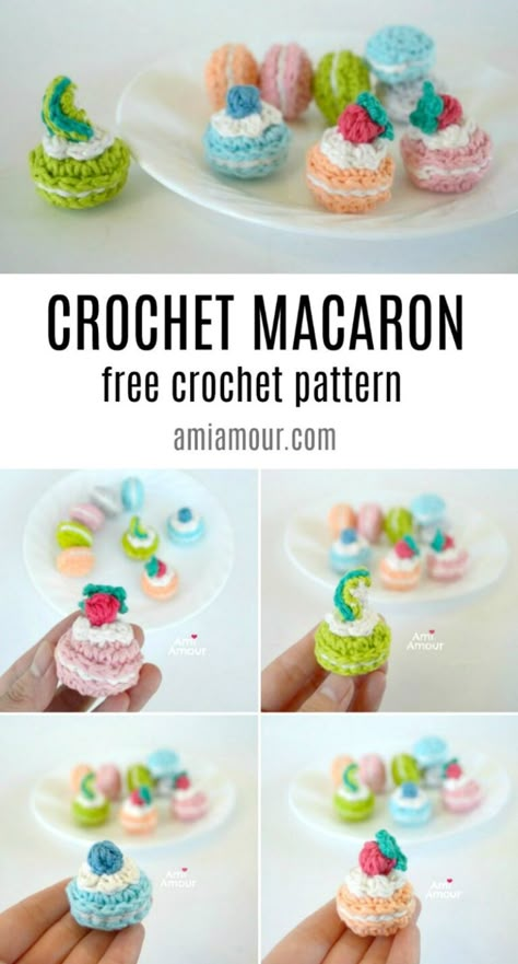 Macaroon Crochet Free Pattern, Crochet Sweets Free Patterns, Crochet Macaron, Crochet Sweets, Mini Patisserie, Amigurumi Food, Food Crochet, Crochet Cake, Flavor Combinations