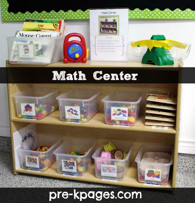 Math Center Materials for Your Preschool, Pre-K, or Kindergarten Classroom via www.pre-kpages.com Preschool Math Centers, Curriculum Preschool, Science Centers, Classroom Science, Prek Classroom, Preschool Centers, Prek Math, Setup Ideas, Kindergarten Science