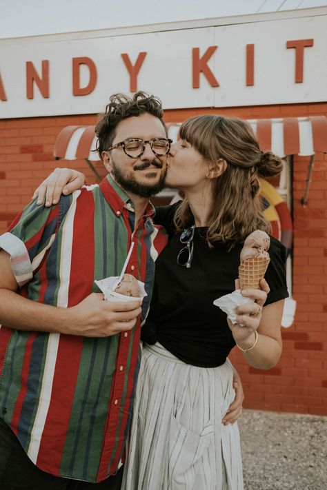 Engagement Photos With Ice Cream, Ice Cream Parlor Engagement Photos, Family Ice Cream Photo Shoot, Ice Cream Parlor Photoshoot, Ice Cream Couple Photoshoot, Ice Cream Engagement Photos, Couple Eating Ice Cream, Artsy Couple, The Five Love Languages