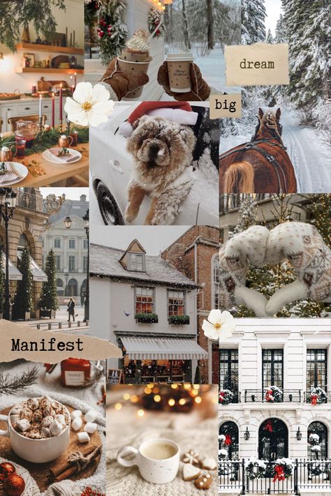 Christmas Vision Board Aesthetic, Cozy Winter Background Iphone, Christmas Vision Board Wallpaper, Winter Asthetics Photos Wallpaper, December Vision Board Aesthetic, Vision Board Dog, December Vision Board, Old Money Europe, Manifestation Collage