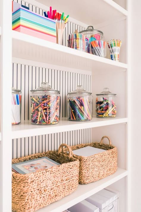 Basement And Playroom Ideas, Playroom With Built In Shelves, Bedroom Turned Into Playroom, Unique Living Room Seating, Flexible Home Office Space, Playroom Shelf Ideas, Light Fixture For Playroom, Playroom Design Colorful, Small Playroom Ideas Minimalist