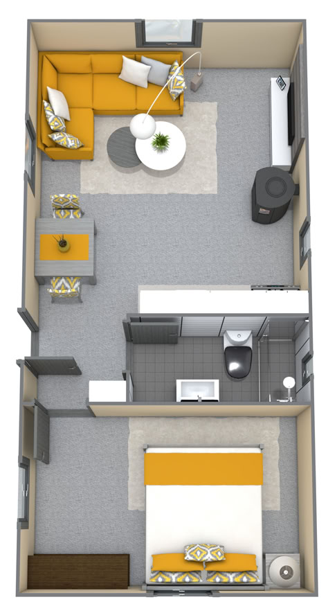 A narrow, yellow 3D floor plan with one bedroom, and an open space layout with a fireplace. One Bedroom Floor Plans Open Concept, Open Studio Apartment, Studio Apartment Plans, Small Apartment Building Plans, Studio Apartment Plan, Small Apartment Plans, One Bedroom House Plans, Studio Floor Plans, Small House Living