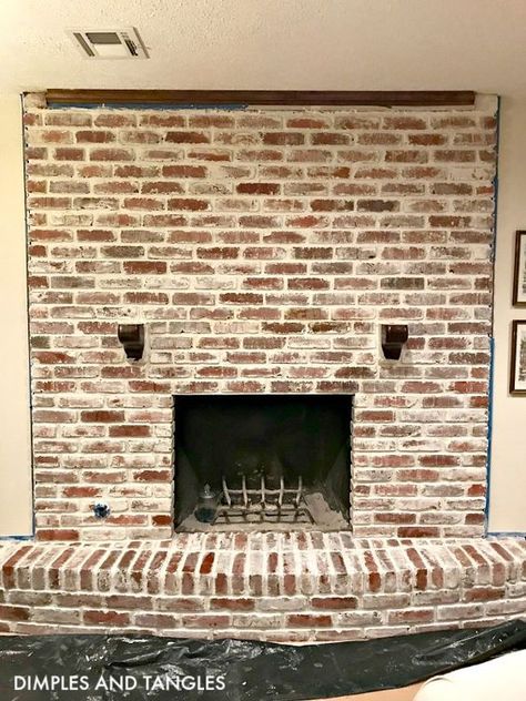 How to Mortar Wash a Brick Fireplace || Brick Fireplace Makeover || Mortar Wash Tutorial || Dimples and Tangles Brick Fireplaces Ideas, Mortar Wash Brick Fireplace, Mortar Wash Brick, Wash Brick Fireplace, German Smear Brick Exterior, Mortar Wash, German Smear Brick, White Wash Brick Fireplace, Fireplace Brick