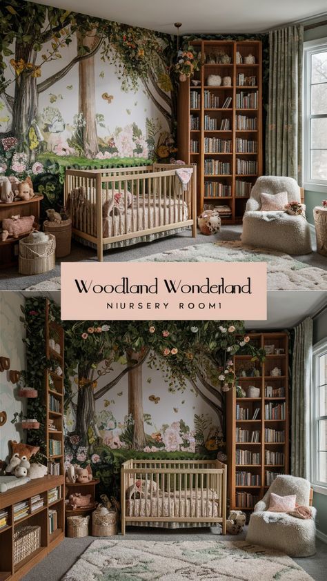 Magical Forest Nursery Theme, Storybook Forest Nursery, Best Nursery Ideas, Storybook Theme Nursery, Woodland Fairytale Nursery, Enchanted Forest Nursery Ideas, Nursery Ideas Cozy, Forest Themed Baby Room, Whimsical Nature Nursery