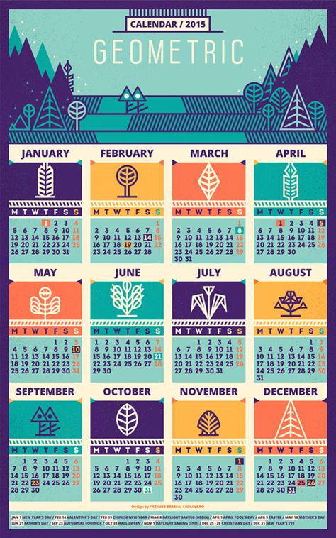 Calendar / 2015 & Pattern by szende brassai Nature Calendar, Calendar Designs, Creative Calendar, 달력 디자인, Calendar Layout, Geometric Nature, Unique Products Design, Printable Calendar Template, Desktop Calendar