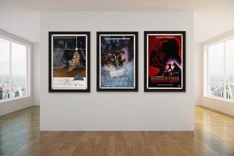 Does a wall come any better dressed than this?  A trilogy of original Star Wars movie / film posters. Hollywood Glam Bedroom, Movie Poster Display, Yoda Poster, Mandalorian Poster, Movie Posters Decor, Star Wars Wall Decal, Canvas Painting Home Decor, Movie Poster Room, Home Cinema Room