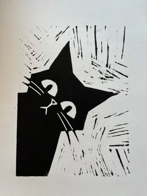 Black Cat Linocut, Lino Art Ideas Easy, Lino Print Easy, Lino Cut Print Ideas, Linoleum Print Ideas Easy, Lino Print Simple, Easy Printmaking Ideas, Linocut Ideas Easy, Linocut Art Ideas Simple