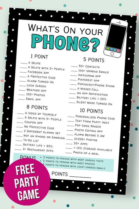 Looking for free printable party games to play?  You'll love the What's on your phone game!  Choose from 5 different free printable games for showers or parties, including a bridal shower game, a baby shower game, and more!  Just print the game cards, pass them out to your party guests, and have guests search through their phones to see how many points they get!  Kind of like the popular What's in Your Purse shower game!