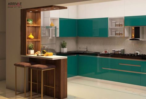 Latest Kitchen Designs 2023, Kitchen Designs 2023, Kitchen Cabinet Design Modern, Modern Kitchen Cabinet Colors, Teal Kitchen Cabinets, Breakfast Counter, Kitchen Colour Combination, Kitchen Cost, Elegant Kitchen Design