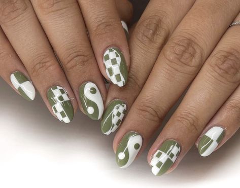 Olive Green Checkered Nails, Green Checkered Nails, Checker Nails, Checkerboard Nails, Checkered Nails, Mens Nails, Nails Makeup, Oval Nails, Brown Nails