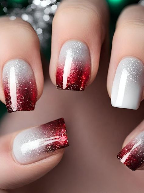 25 Ombre Christmas Nail Designs to Try in 2024 | Sarah Scoop Dipped Nail Art Designs, Christmas Red Ombre Nails, Ombre Nails For Christmas, Nail Ideas For Christmas And New Years, Red And White Nails Glitter, Christmas Dipping Powder Nails, Red And White Ombre Nails Acrylic, Christmas Red Gel Nails, Shorter Christmas Nails