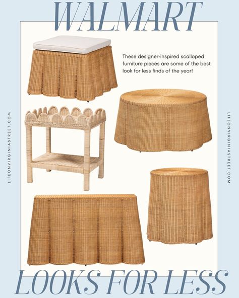 Sharing a collection of scalloped home decor pieces that work well with coastal decor, grandmillenial decor, and more! Palm Beach Office Decor, Scalloped Home Decor, Farmhouse Rustic Bedroom, Grandmillenial Style Interiors, Island Style Home, Lake House Bedrooms, Motel Ideas, Coastal Chinoiserie, Scalloped Table