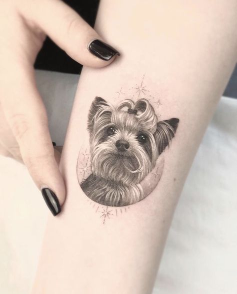 Dog Portrait Tattoo Black And White, Micro Dog Portrait Tattoo, Yorkie Tattoo, Tattoo Pet, Pet Memorial Tattoo, Dog Portrait Tattoo, Puppy Tattoo, Small Dog Tattoos, Dog Memorial Tattoos