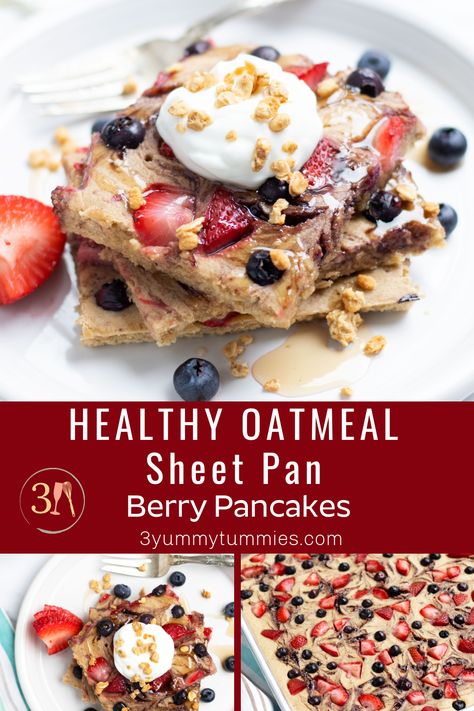 These Healthy Oatmeal Sheet Pan Berry Pancakes are made in a blender for an easy and flavorful breakfast.  Leftovers make a great meal option for busy weekday mornings. Sheet Pan Pancakes With Frozen Fruit, Healthy Sheet Pancakes, Sheet Pan Oat Pancakes, Oatmeal Sheet Pan Pancakes, Sheet Pan Oatmeal Pancakes, Berry Pancakes Recipe, Homemade Sheet Pan Pancakes, Leftover Oatmeal Pancakes, Healthy Sheet Pan Pancakes