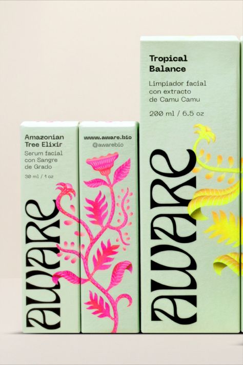 This genuinely wild approach to nature comes through right away in Fibra’s gorgeously florid design for the Peruvian skincare brand Aware. Brightly colored vines twist around the boxes, accompanied by a wavy, ‘70s-inspired logomark that heightens the trippy “lost in the jungle” aesthetic. Package Design Skincare, Urban Packaging Design, Fun Product Packaging, Black White Packaging, Colorful Skincare Packaging, Packaging Design Makeup, 70s Inspired Design, Nature Packaging Design, Natural Packaging Design