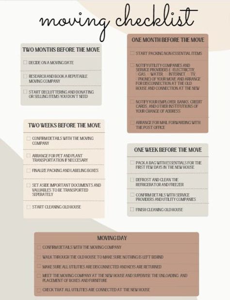 Are you getting ready to move to a new home? Keep yourself organized and on track with this comprehensive moving checklist! This checklist covers everything from pre-move planning to unpacking and settling in. With clear categories and actionable steps, you won't overlook any important details during your move. Print it out and keep it handy as you navigate your move. This moving checklist is perfect for anyone who needs a little extra help staying organized during a stressful time. Download it today and make your move a little smoother! Design can not be resold. Preparing To Move Out, Planning A Move To Another State, House Packing List Moving Checklist, Apartment List Moving Checklist, Packing List For Moving, Moving Out Aesthetic, Moving Tips Packing, Packing Tips Moving, Moving Tips And Tricks