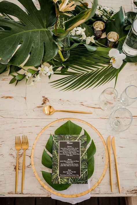 Wedding Plate Setting, Harvest Bowl, Sunset Tropical, Jungle Wedding, Tropical Wedding Theme, Tropical Flower Arrangements, Safari Wedding, Palm Design, Beachy Wedding