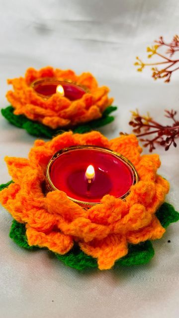 Craftorite |Resin|PaperCraft on Instagram: "Beautiful and unique lotus tealight holder 🪷 Limited pieces available 🚨 Grab them before they stock out.. Dm to order📱 #craftorite #crochet #tlightholder #tealightholder #diwali #diwalihampers #diwalidecorations #diwaligifts #diwalidecor #tealight #homedecor #handmade #hindufestival #uniquedecor #lucury #interior #smallbusiness #smallbusinessowner" Crochet Diwali Decoration, Diwali Crochet Ideas, Crochet Exhibition, Wedding Rukhwat, Crochet Minis, Diwali Theme, Crochet Candle Holder, Tea Light Crafts, Diwali Gift Box