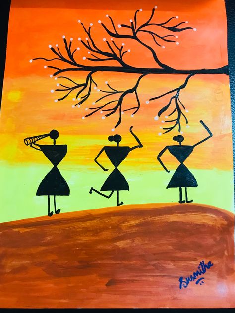 Acrylic Warli Art Paintings Warli Art Easy, Worli Painting, Warli Art, Composition Painting, School Wall Art, Fabric Paint Designs, Human Figure Drawing, Flower Stencil, Cave Paintings