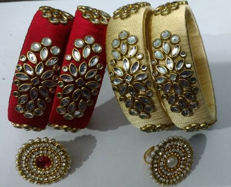 Kundan silk thread bangles with finger ring 3d Kundan Silk Thread Bangles, Kundan Design, Year Embroidery, Diy Hair Accessories Tutorial, Fabric Bangles, Hair Accessories Tutorial, Silk Thread Bangles Design, Silk Bangles, Thread Bangles Design