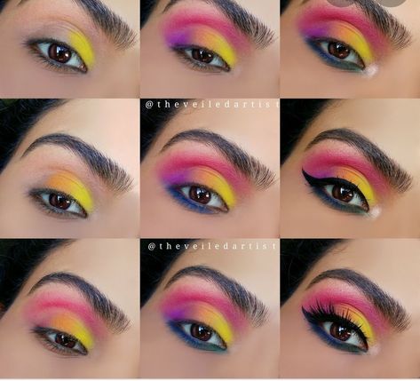 Makeup Looks Step By Step, Smokey Eyes Tutorial, Eye Makeup Guide, Eyeshadow Step By Step, Eyes Tutorial, Rainbow Eyeshadow, 80s Makeup, Bright Eyeshadow, Dashing Diva