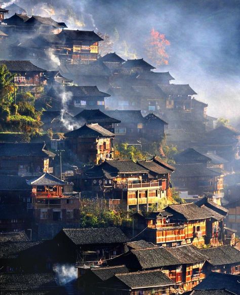 Hillside town.....China Asian Village, Ancient Chinese Architecture, Asian Architecture, Chinese Architecture, China Travel, Ancient Architecture, Ancient Chinese, Fantasy Landscape, Places Around The World