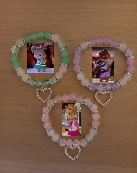 The Chippetes matching trio frienship charm beaded bracelets Matching Crafts For Friends, Bff Diy Bracelets, 4 Matching Bracelets, Beaded Matching Bracelets, Clay Bead Bracelet Ideas Best Friends, Themed Beaded Bracelets, Nezuko Bracelet, Matching Trio Bracelets, Bracelet Ideas Loom