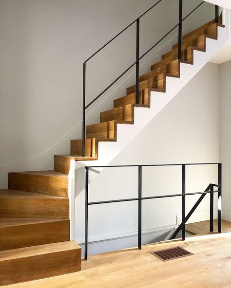 Transformation Thursday. We transformed this builder grade set of stacked winder stairs for a lovely pair of gents, into a clean, modern… | Instagram Black Metal Railing, Luxurious Staircase, U Shaped Staircase, Winder Stairs, Classic Staircase, Stairs Railing, Types Of Stairs, Metal Railing, Traditional Staircase