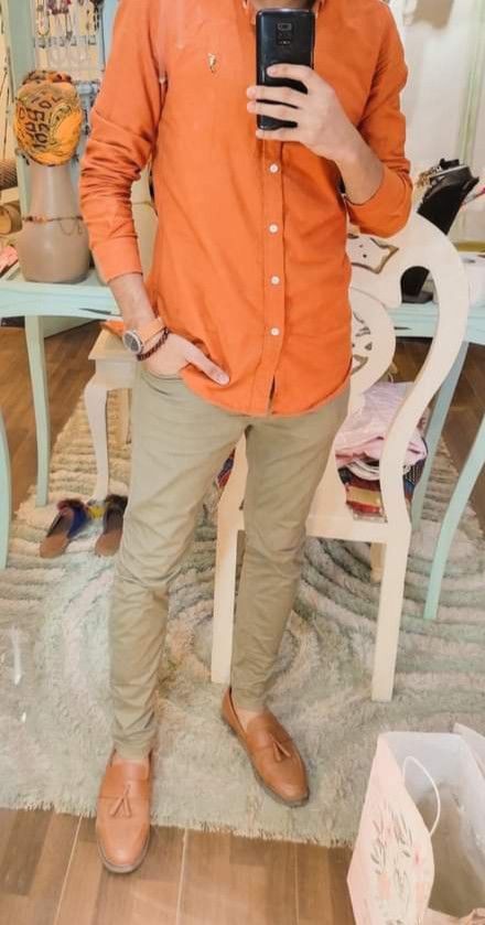 Orange Dress Shirt Men Outfit, Orange Shirt Outfit Men Casual, Orange And Brown Outfit Men, Men’s Orange Outfit, Brown Khaki Pants Outfit Men, Men’s Easter Outfit, Orange Shirt Outfit Men, Orange Outfit Men, Striped Shirt Outfit Men