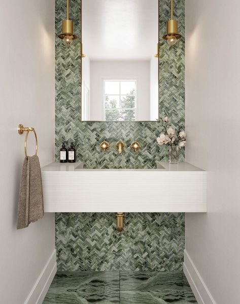 Think Green 💚 Our showstopping Nubo Verde field and mosaics are sure to transform your space. | Instagram Mosaic In Bathroom, Green Powder Room, Veneer Plaster, Wallpaper Eclectic, Green Marble Bathroom, Powder Room Refresh, Cloakroom Toilet, Green Tile Bathroom, Luxe Bathroom