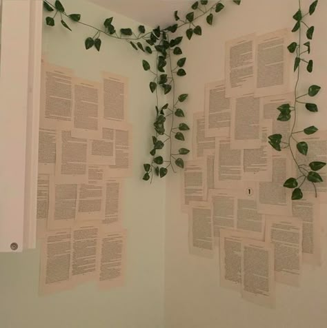 aesthetic page wall, vines Book Pages On Wall Bedroom Aesthetic, Book Pages Wall Decor Aesthetic, Vines In Classroom, Book Page Wall Bedroom, Bookish Wall Decor, Book Pages On Wall Aesthetic, How To Hang Vines On Walls, Book Pages On Wall Bedroom, Adornos Aesthetic