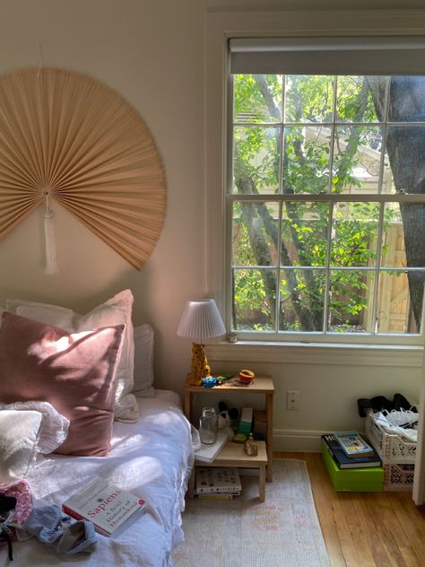 Fan Above Bed, Matilda Djerf Dorm Room, Fan Over Bed, Djerf Avenue Aesthetic Bedroom, Interesting Bedrooms, Djerf Ave Bedding, Bow Bedding Urban Outfitters, Vibey Rooms, Above Bed Ideas