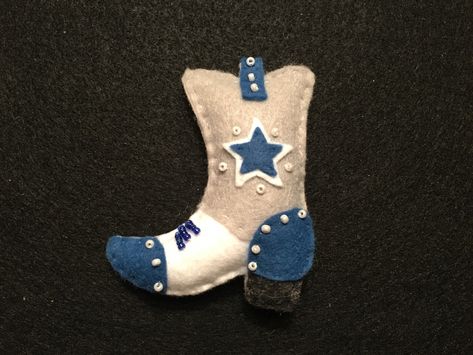 Felt Dallas Cowboy boot ornament Cowboy Boot Felt Ornament, Felt Cowboy Boot Ornament, Felt Figures, Boot Ornament, Texas Ornaments, Felt Ornaments Diy, Cowboy Crafts, Handmade Felt Ornament, Texas Things