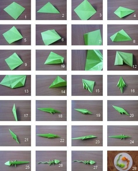 Rainforest Lessons, Origami Lizard, Sticky Note Origami, Origami Insects, Dollar Origami, Origami Diagrams, Dollar Bill Origami, Origami Models, Origami Dragon