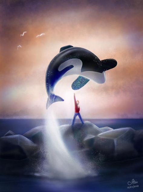 #artist Kata Sanguansat - "Hi guys, I’m a programmer but recently decided to take my art skill more seriously. This is my drawing using iPad Pro, a fan art for Free Willy." #art #freelancetalents Free Willy Tattoo, Blackfish Documentary, Whale Sketch, Kane Wwe, Whale Artwork, Boy Dog Clothes, Whale Drawing, Free Willy, Whale Painting