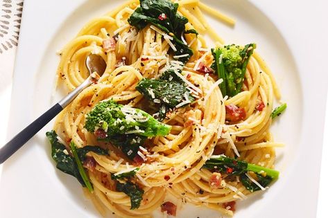 Miso Carbonara with Broccoli Rabe and Red-Pepper Flakes recipe | Epicurious.com Miso Carbonara, Red Pepper Flakes Recipes, Traditional Carbonara Recipe, Miso Paste Recipes, Miso Recipes, Miso Recipe, Red Miso, Miso Paste, Paste Recipe