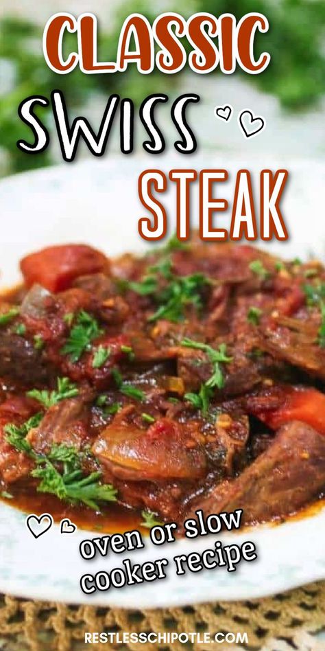 Crockpot Swiss Steak Recipes, Swiss Steak Crockpot, Slow Cooker Swiss Steak, Peper Steak, Swiss Steak Recipe, Meals Crockpot, Swiss Steak Recipes, Round Steak Recipes, Crockpot Steak