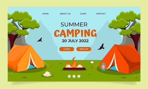 Free vector flat summer camping landing ... | Free Vector #Freepik #freevector #summer-camp #summer-template #summer-design #camping Camping Banner Design, Summer Camp Banner, Summer Banner Design, Camp Banner, Camp Flyer, Summer Template, Summer Banner, Custom Flyers, Summer Camps For Kids