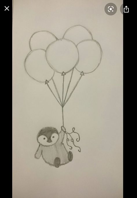 Cute Easy Penguin Drawings, Penguin Sketch Cute, Penguin Drawings Easy, Cute Balloons Drawing, Kids Sketch Ideas, Birthday Sketch Art Drawings, How To Draw A Balloon, Ballon Sketch, Drawings Of Penguins