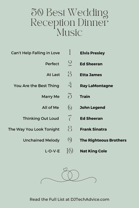 Set the mood for an enchanting evening with these first 10 songs from our handpicked collection of the 50 Best Wedding Reception Dinner Music. From timeless classics to modern favorites, these romantic melodies will create an unforgettable ambiance for you and your guests as you dine and revel in the joy of love. Wedding Songs 2023, Wedding Reception Music Playlist, Top Wedding Reception Songs, Wedding Music Playlist, Music Lists, Perfect Playlist, Best Wedding Reception, Wedding Reception Music, Songs 2023