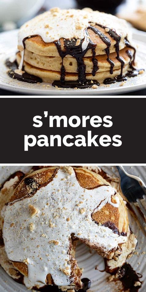 S’more Pancakes, Smores Pancakes Recipes, S’mores Pancakes, Smore Pancakes, Marshmallow Pancakes, Pancake Flavors, Smores Pancakes, Sweet Food Recipes, Marshmallow Sauce