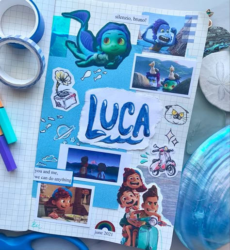 A journal page covered in photos from the movie Luca. There are some doodles of a Vespa, cat, phonograph, and sparkles. The photos feature the characters of Luca, Alberto, and Giulia. Washi tape, pens, and seashells fill the space around the journal. Quotes on the page say “you and me, we can do anything,” “june 2021,” and “silenzio, bruno!” Journal Ideas Disney, Disney Pixar Sketches, Disney Journal, Disney Journal Pages, Disney Junk Journal Ideas, Disney Journal Ideas, Disney Junk Journal, Film Journal, Movie Journal