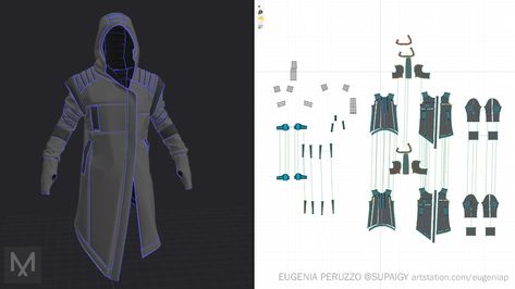 ArtStation - Creating a Cyberpunk Style Outfit in Marvelous Designer - ArtStation Learning Tutorial, Eugenia Peruzzo Cyberpunk Style Outfit, Star Wars Sewing, Cyberpunk Men, Cyberpunk Cosplay, Cloak Pattern, Digital Fashion Design, Clothing Templates, 3d Clothing, Designer Patterns