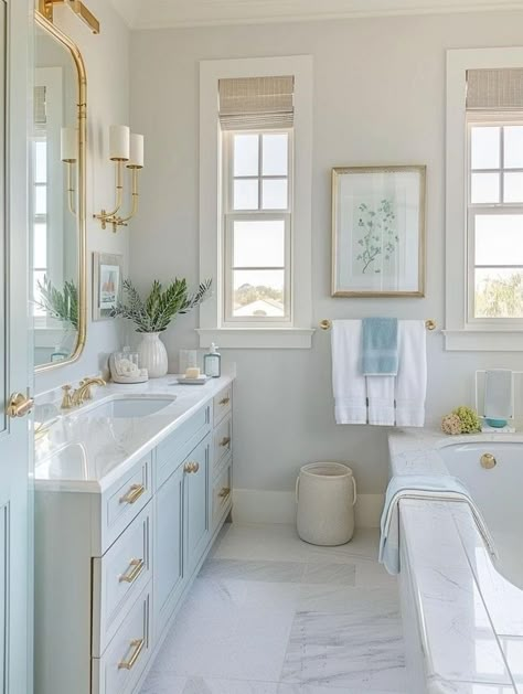 Florida Style Bathrooms, Cream And Teal Bathroom, Coastal Living Bathroom, Modern Coastal Interior Design Bathroom, Coastal House Bathroom, Modern Coastal Bathrooms, Coastal Grandma Home Decor, Coastal Granddaughter Bathroom, Beach Bathroom Ideas Coastal Style